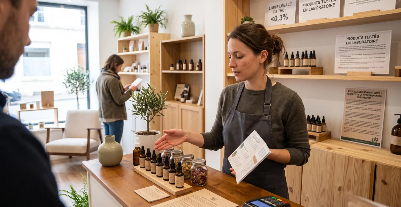 Employé d'une boutique spécialisée CBD présentant des produits avec affichage des informations réglementaires en arrière-plan