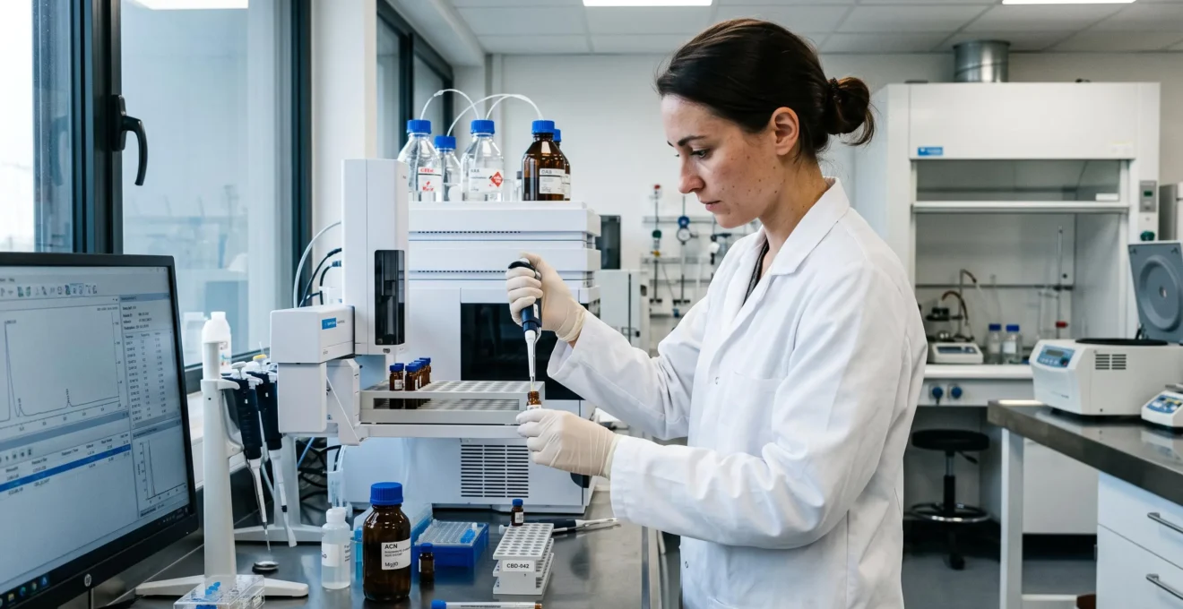 Technicien de laboratoire en blouse blanche analysant des échantillons de CBD avec équipement scientifique de précision