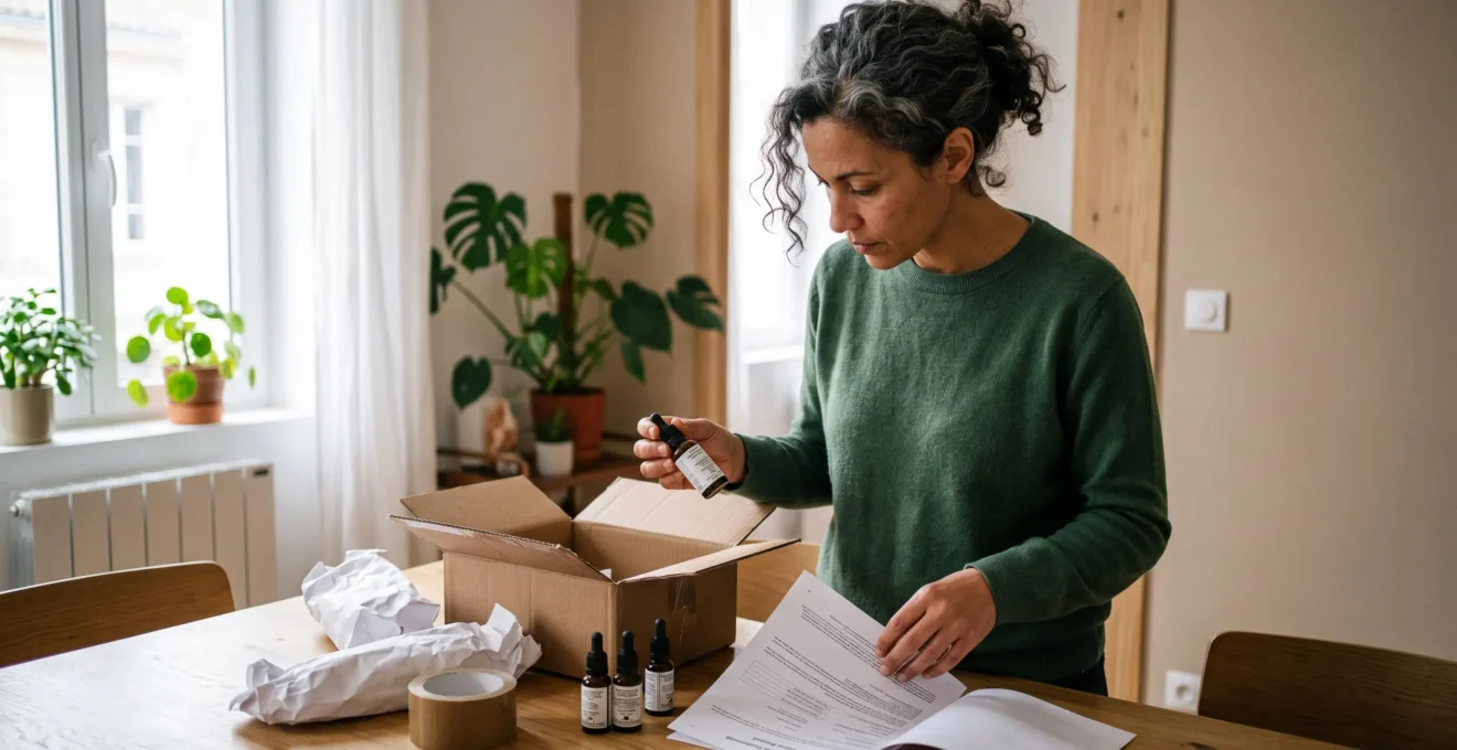 Personne déballant un colis de produits CBD et vérifiant les documents de conformité sur une table à domicile