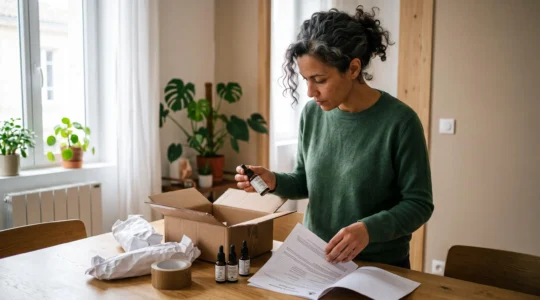 Personne déballant un colis de produits CBD et vérifiant les documents de conformité sur une table à domicile
